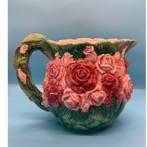 VTG Haldon Group 1987 Ceramic Rose Green Leaf Basket Pitcher Japan Floral Decor